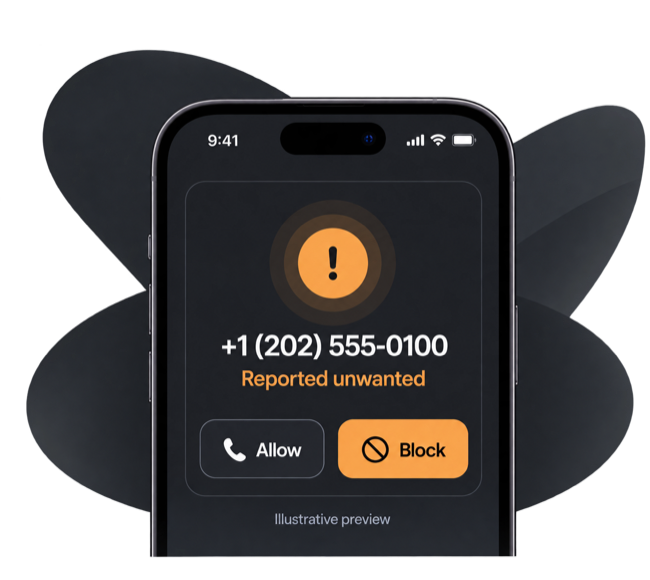 Illustrative SpamHole preview: a reported unwanted synthetic caller, with Allow and Block controls.